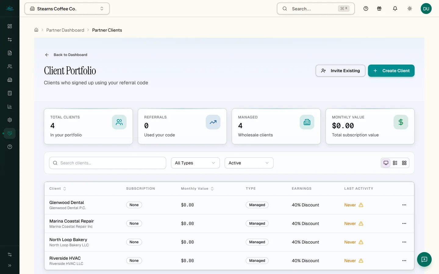 EmLedger partner client roster showing multiple unrelated clients in one view